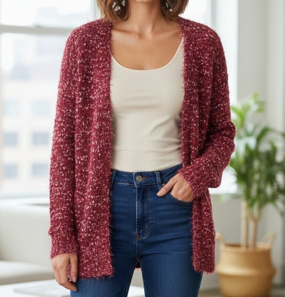 Maurices Womens Large Open Front Fuzzy Cardigan Sweater Red